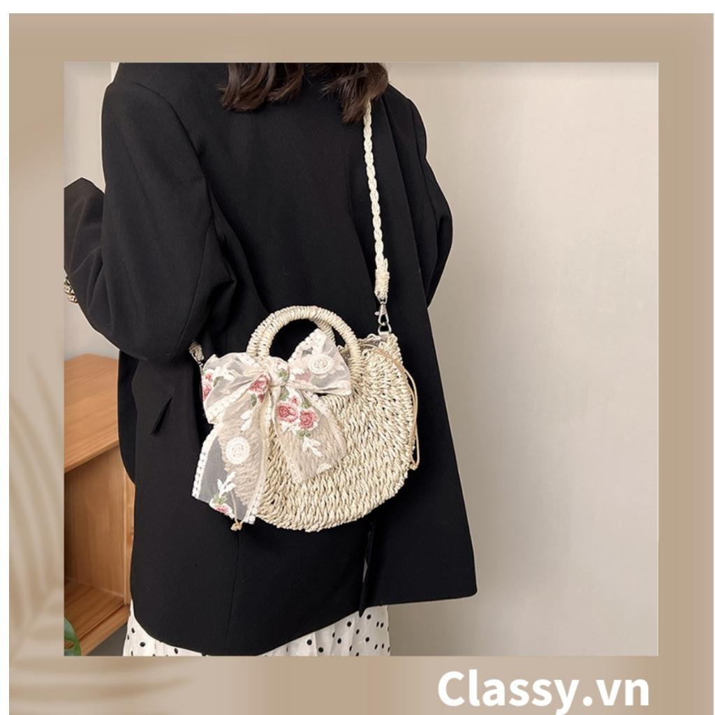 Túi cói Classy hình bán nguyệt kiểu dáng Vintage, có lớp lót trong rộng rãi phù hợp đi biển T324 (Không khăn)