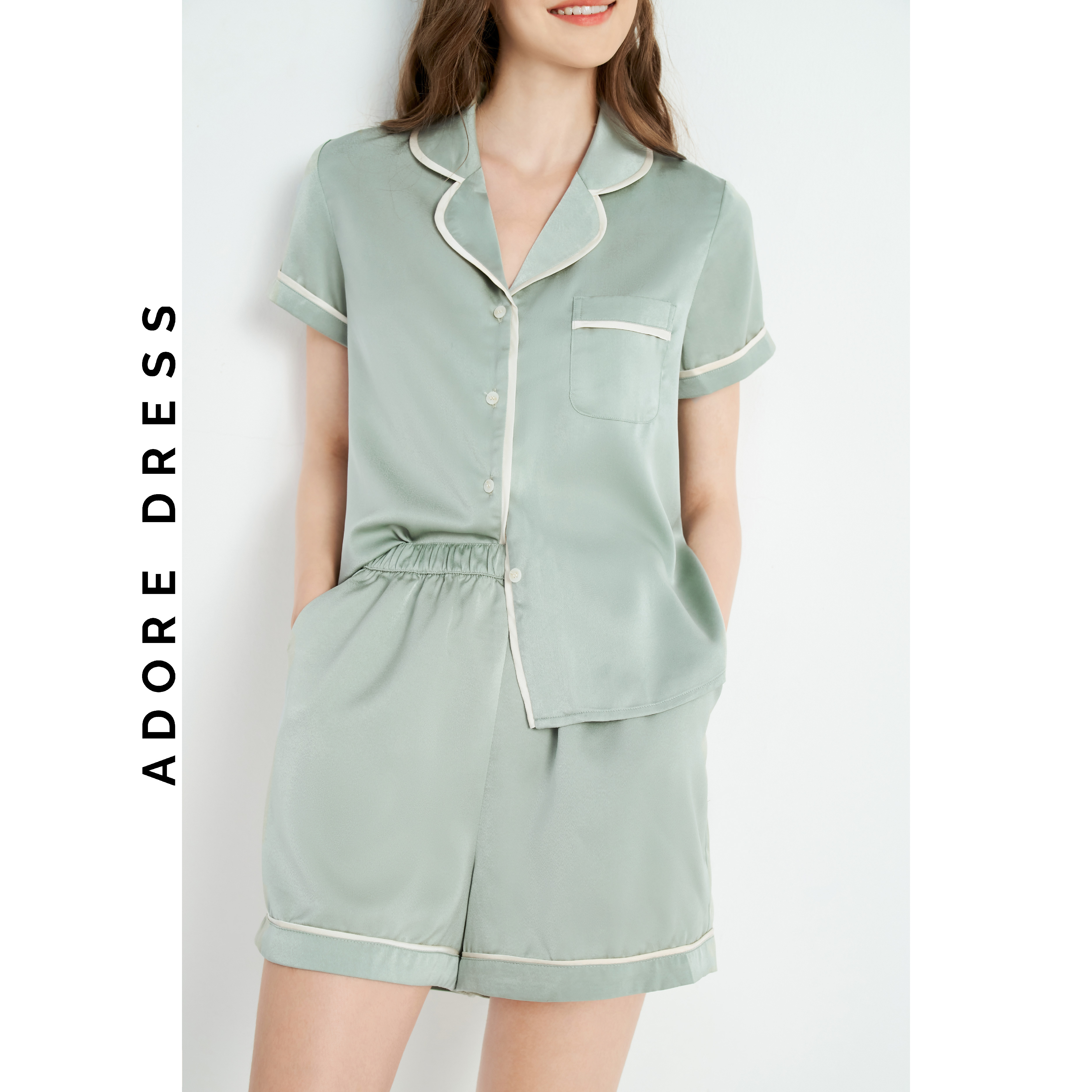 Pijamas tay cộc quần short lụa trơn olive green