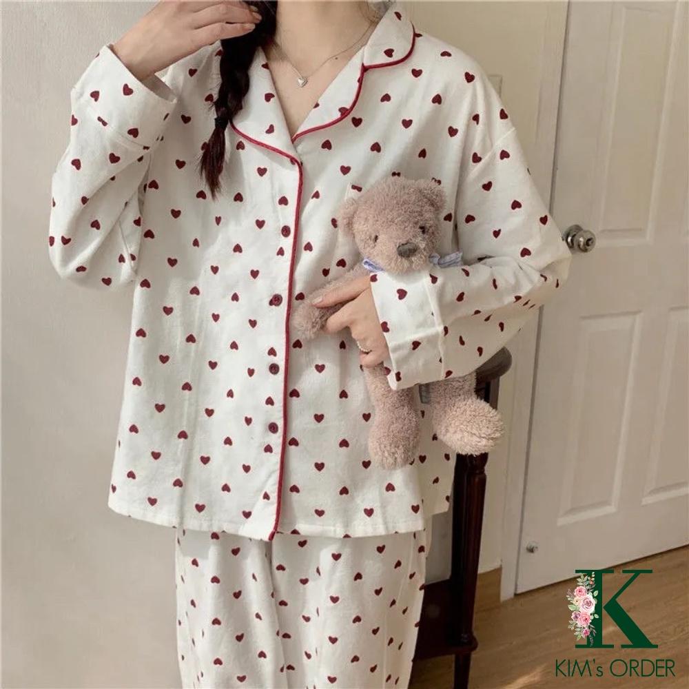 Bộ đồ ngủ mặc nhà dài tay hoạ tiết trái tim chất liệu mềm mại phong cách Ulzzang Hàn Quốc, bộ đồ sau sinh thoải mái cute