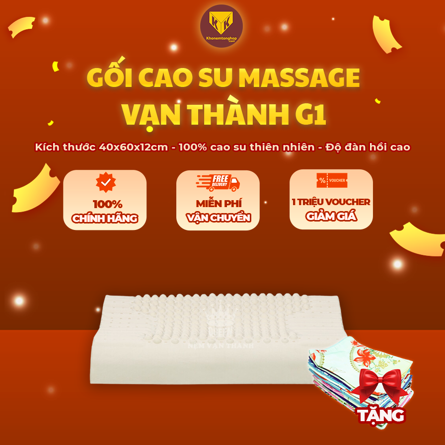 Gối cao su Massage G1 Vạn Thành, giúp hỗ trợ giấc ngủ, nâng đỡ vai gáy, 100% từ cao su thiên nhiên - Tặng kèm vỏ gối