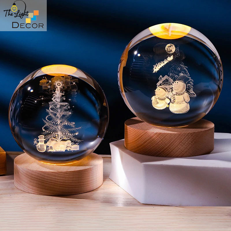 Bộ Quà Tặng Giáng Sinh 2023 Quả Cầu Pha Lê 3D Đèn Led Noel 6cm (Kèm đế đèn + hộp quà)