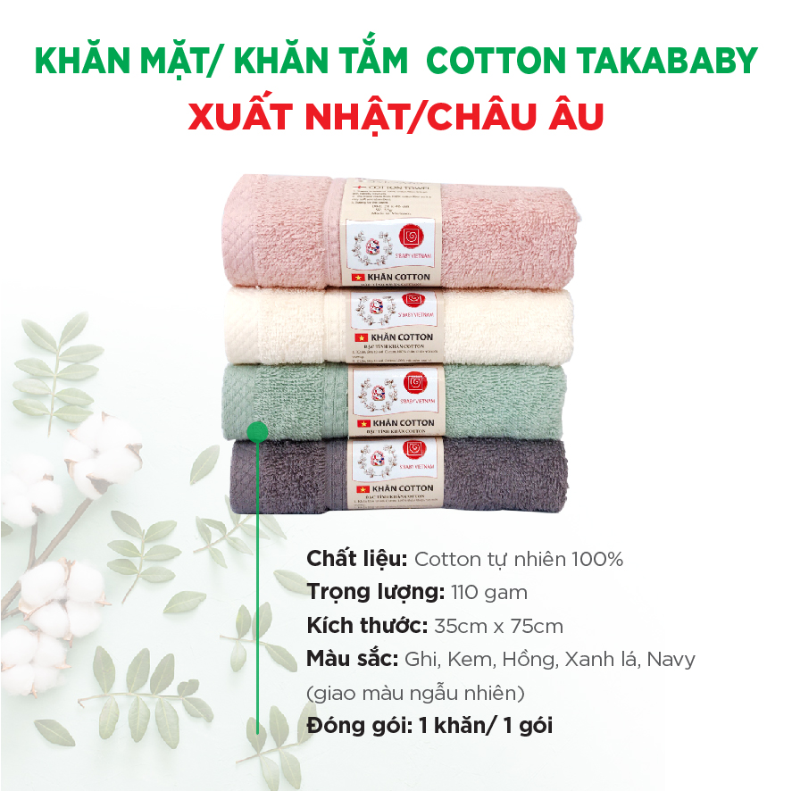 1 KHĂN MẶT / KHĂN TẮM COTTON CAO CẤP TAKABABY - XUẤT NHẬT/CHÂU ÂU; KT: 35x78CM -GIAO MÀU NGẪU NHIÊN