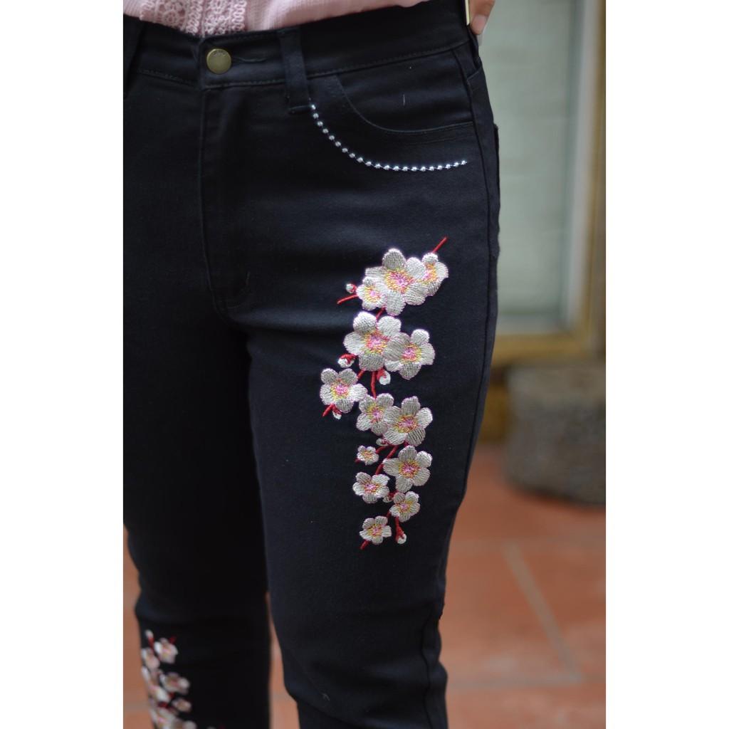QUẦN JEAN THÊU HOA HÀNG THÁI SIZE 60-70KG (eo 75-85