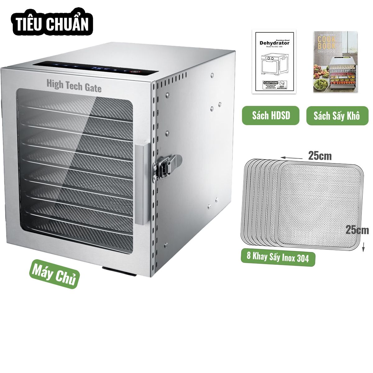 Máy Sấy Thực Phẩm Inox HTG 8 khay DBC08-A01 Sấy Khô Hoa Quả, Thịt, Đồ Ăn, Tia UV Khử Khuẩn, Hẹn Giờ, Hàng Chính Hãng