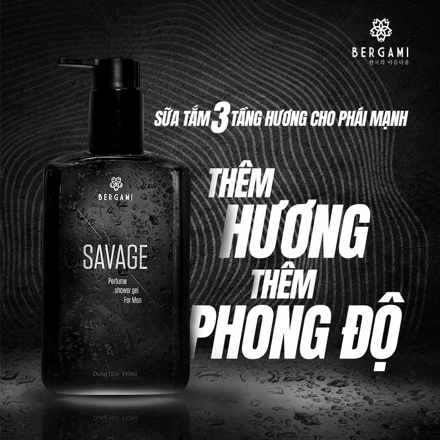 Sữa tắm nam Bergami Savage, hương nước hoa mùi GỖ SỒI, sạch sâu, dưỡng da tự tin thể hiện bản lĩnh 330ml/chai