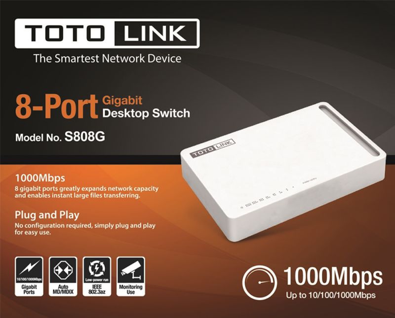 Bộ Chia Mạng 8 Cổng Gigabit Totolink S808G – Hàng Chính Hãng