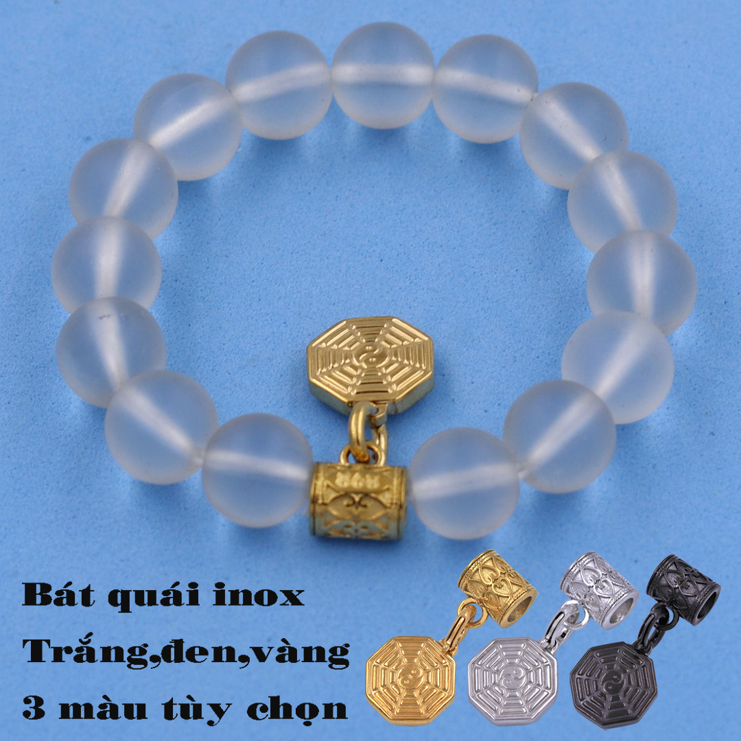Vòng chuỗi đá Thạch Anh Trắng Mờ 12 ly - Charm Bát Quái Inox VTATMBQV12 - Hợp mệnh Kim, mệnh Thủy