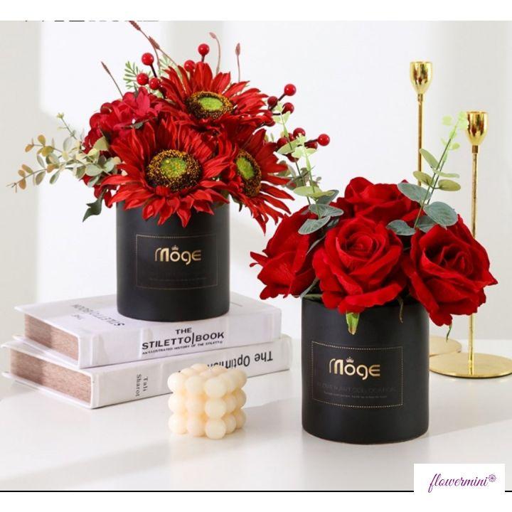 Hoa giả, lọ hoa hồng nhung mix đào đông 20cm đẹp để bàn trang trí phòng, làm hộp quà tặng người thân ý nghĩa HN-01