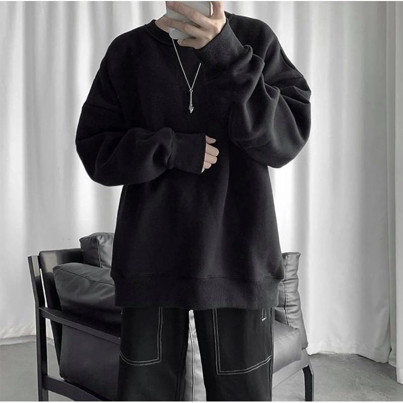Áo sweater trơn màu đen size lớn cho ngừoi 70-80kg vải nỉ bông mềm mịn