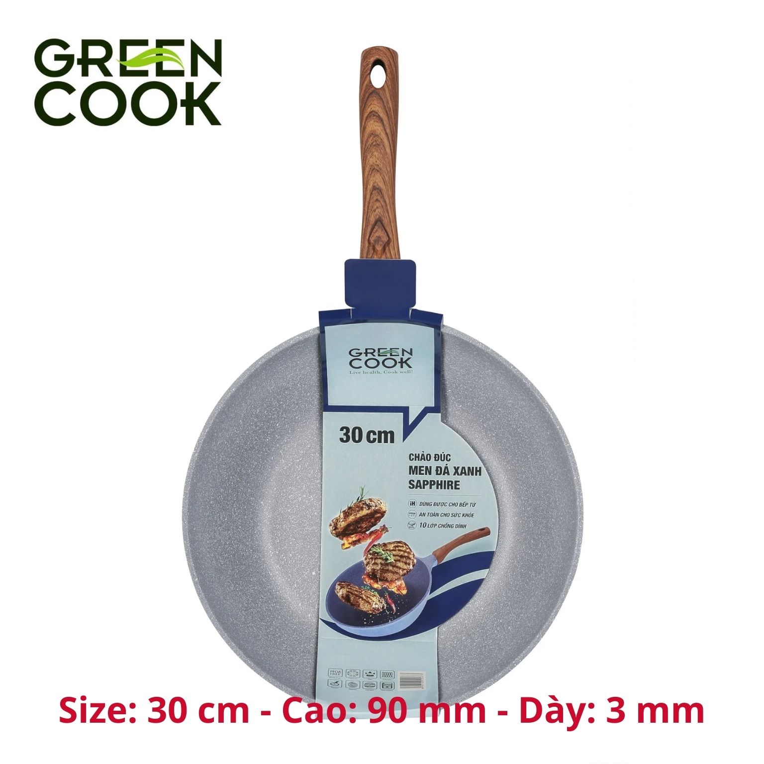 Chảo chống dính đáy từ, chảo đúc men đá xanh sapphire Green Cook GCP09 công nghệ Hàn Quốc_Hàng chính hãng