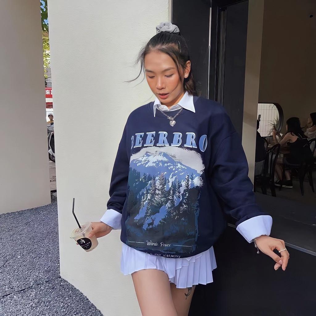 Áo Sweater Nỉ Ngoại Unisex Nam Nữ BEERBRO Màu Xanh In Hình Đồi Núi