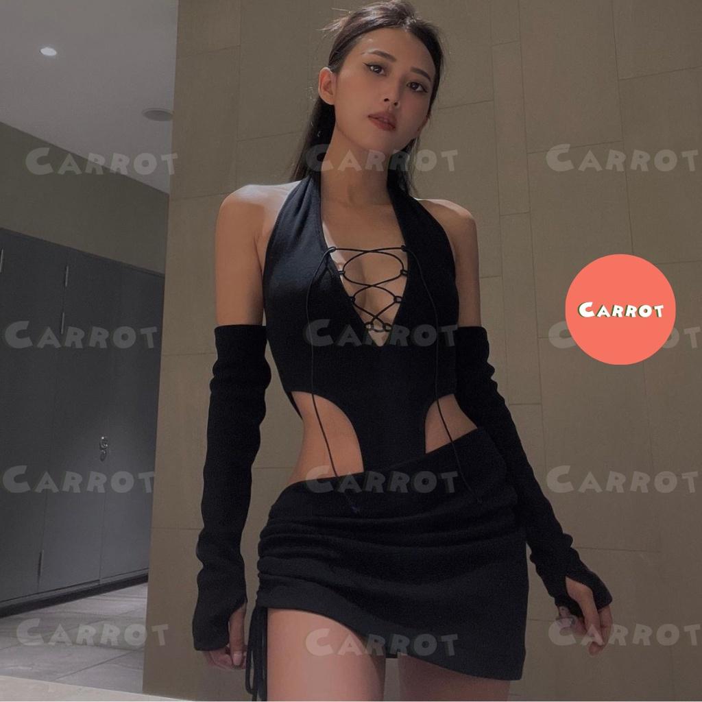 Set đồ nữ đi chơi sang chảnh áo croptop tay dài dây chéo chân váy ngắn đen rút dây tôn dáng ôm body carrotxinhdep