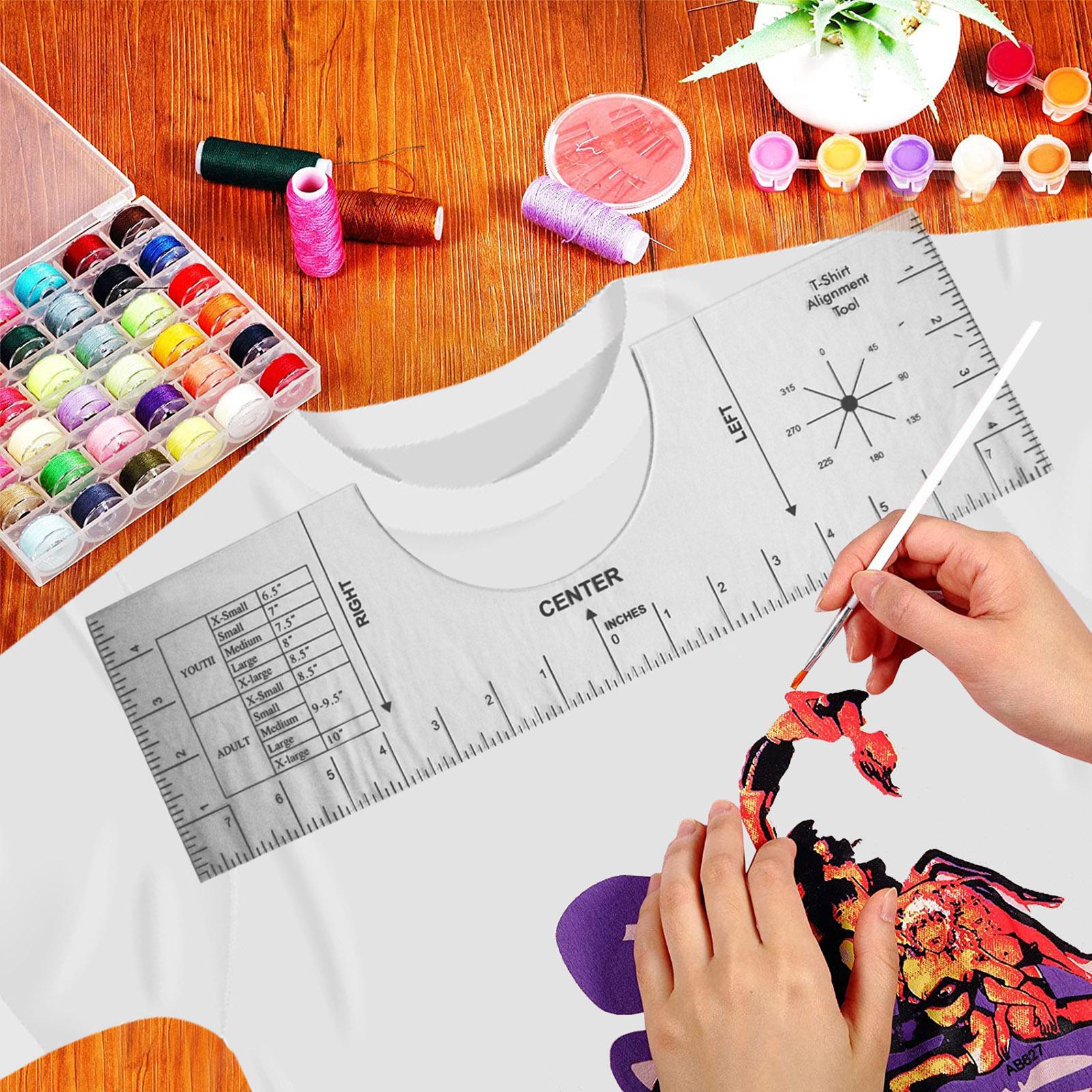 Thước căn chỉnh 16 x 5 inches dùng để đo áo thun cổ tròn, có vạch hướng ngực trái và phải cho nhiều kích cỡ khác nhau