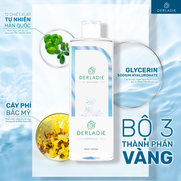 Nước Hoa Hồng Dưỡng Ẩm, Dịu Nhẹ Chiết Xuất Cây Phỉ Derladie Natural Witch Hazel Toner 500ml