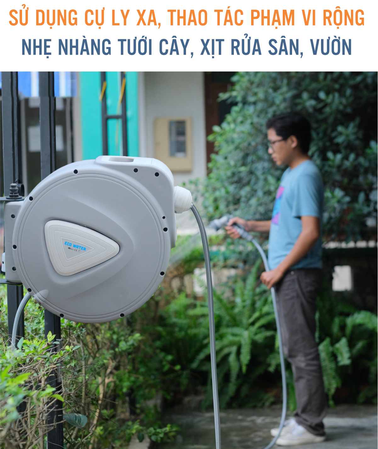 CUỘN VÒI TƯỚI ĐA NĂNG ECO HOSEREEL. Dùng cho sân vườn, Tiêu chuẩn châu Âu, Sang Trọng - Bền bỉ - Hiệu quả. TẶNG KÈM ĐẦU PHUN 9 CHẾ ĐỘ