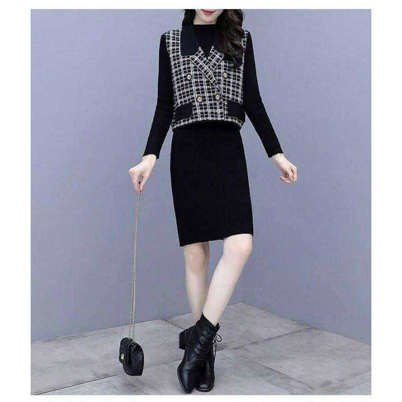 SÉT ĐẦM LEN PHỐI CARO CAO CẤP