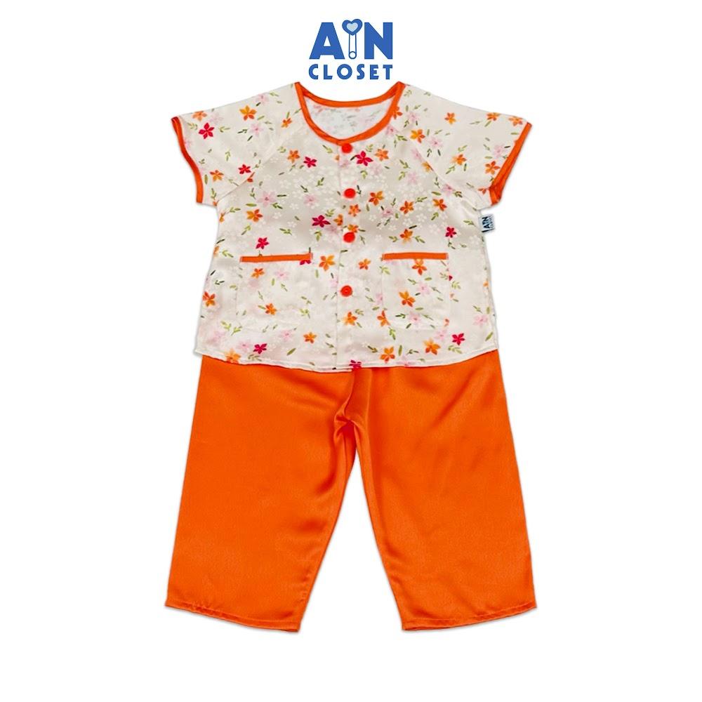 Bộ quần áo Bà Ba Dài tay ngắn bé gái họa tiết Hoa Trang Lụa Cam - AICDBGUDBCQN - AIN Closet