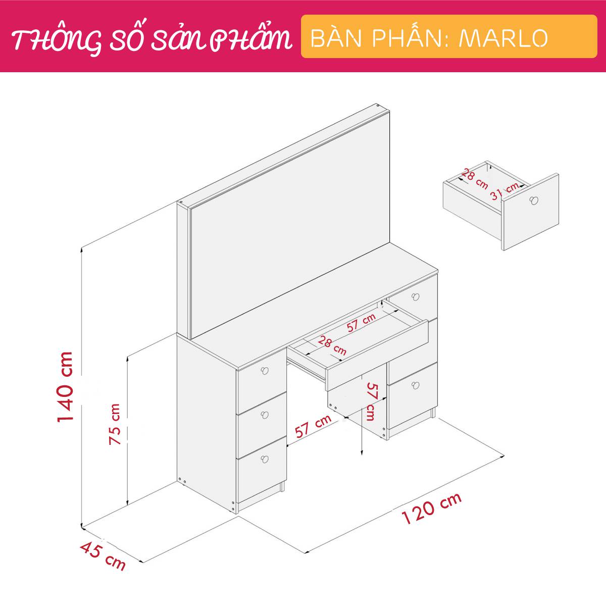 Bàn trang điểm gỗ hiện đại SMLIFE Marlon | Gỗ MDF dày 17mm chống ẩm | D120xR45xC140cm