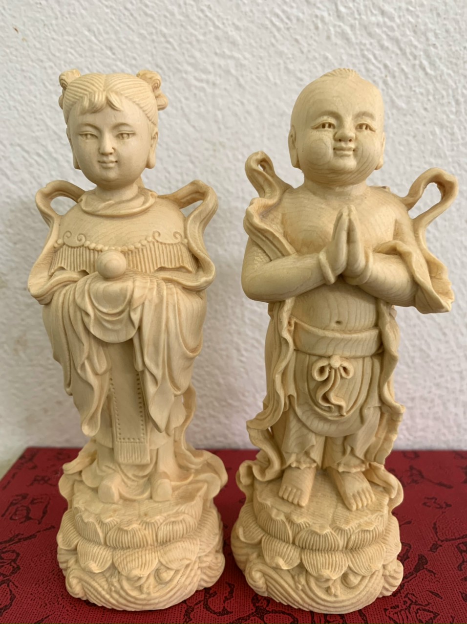 Cặp tượng tiên đồng ngọc nữ bằng gỗ hoàng dương kt cao 15×6×5cm