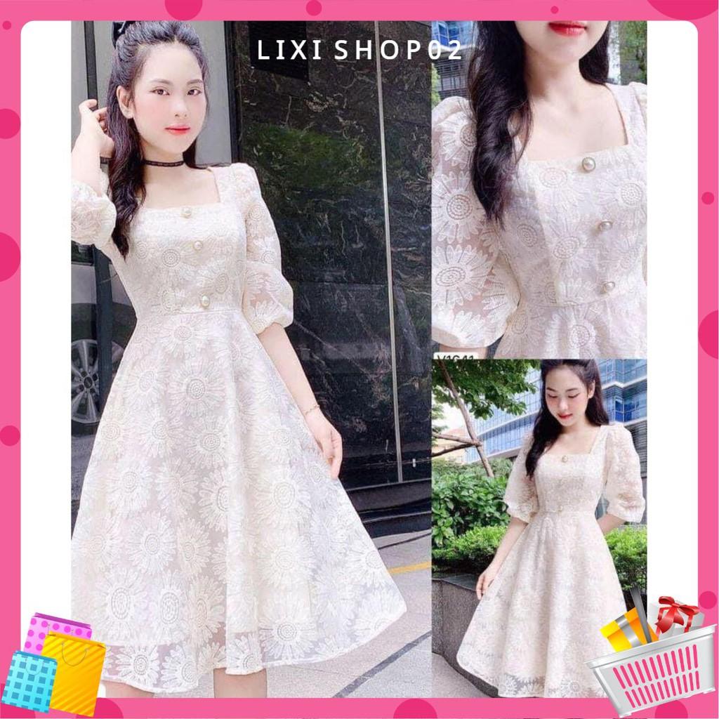 Đầm nữ ren trắng cổ vuông hoa cúc siêu xinh Doris Dress có lót toàn thân