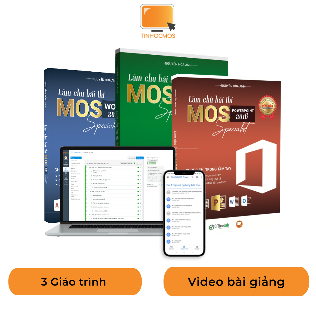 Sách - Combo Sách Ôn Thi 2 Môn MOS Excel, Word, Powerpoint 2016 Specialist, Ứng dụng Tin học văn phòng cơ bản - tinhocmos