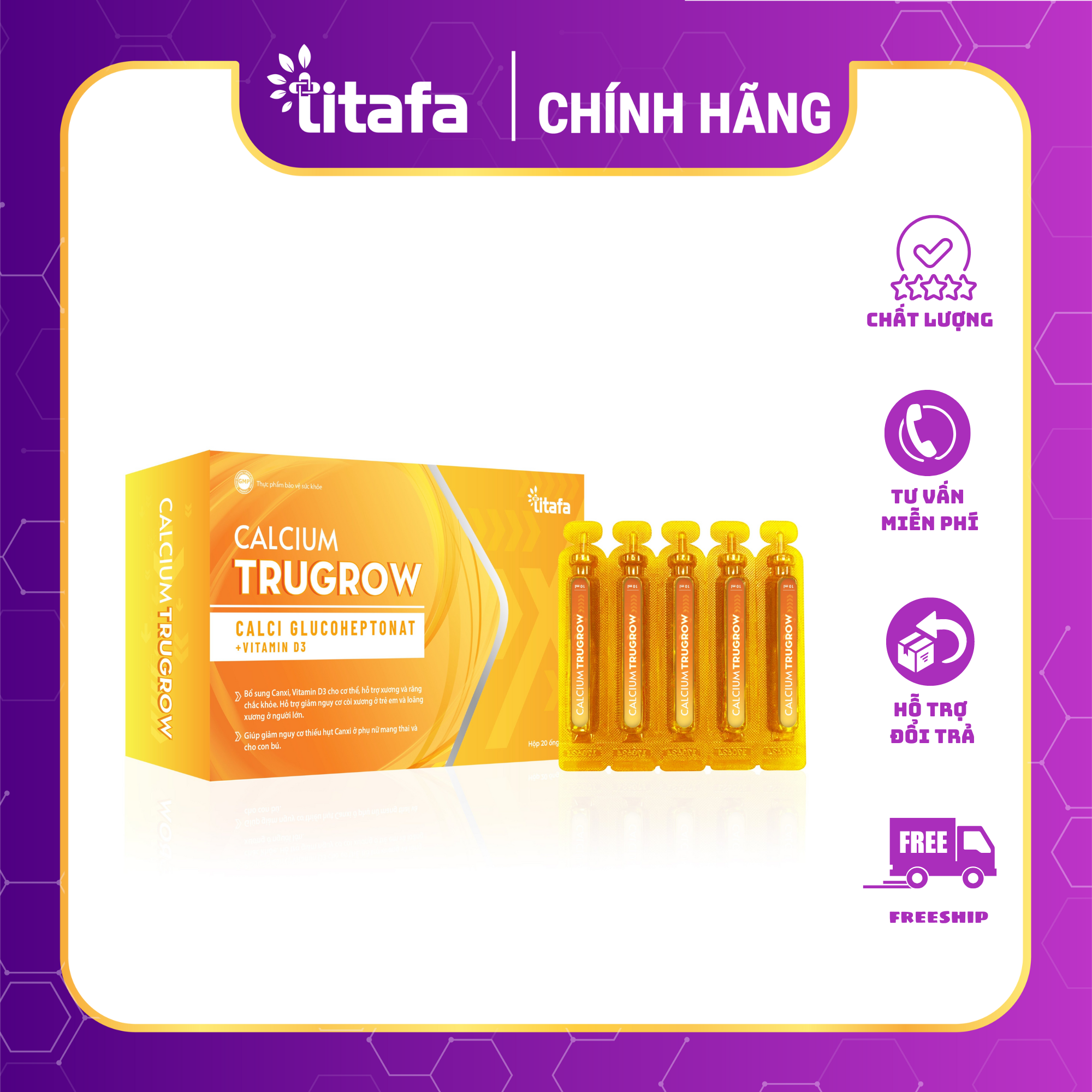 SIRO CALCIUM TRUGROW  [Chính hãng TITAFA] - HỘP 20 ỐNG- Bổ sung canxi, Vitamin D hỗ trợ xương khớp chắc khỏe, giúp phát triển chiều cao và giảm nguy cơ còi xương ở trẻ