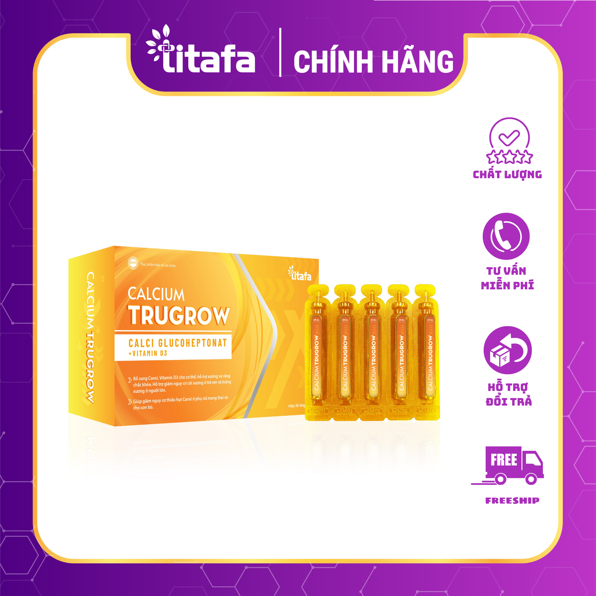 SIRO CALCIUM TRUGROW   - HỘP 20 ỐNG- Bổ sung canxi, Vitamin D hỗ trợ xương khớp chắc khỏe, giúp phát triển chiều cao và giảm nguy cơ còi xương ở trẻ