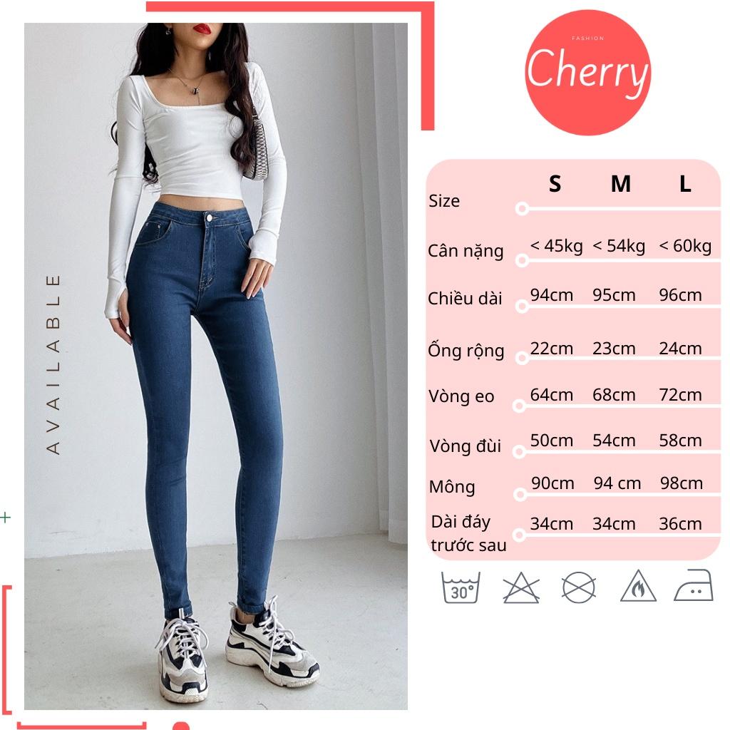 Quần jean nữ lưng cao co giãn dáng ôm có túi CHERRY, quần bò nữ cạp cao ôm bigsize trơn dài basic T022