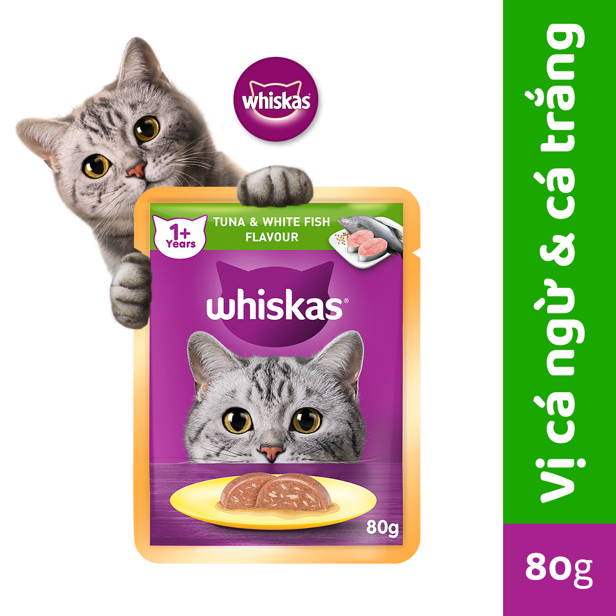 WHISKAS Thức ăn cho mèo lớn dạng sốt vị cá ngừ và cá thịt trắng 80g (12 gói)