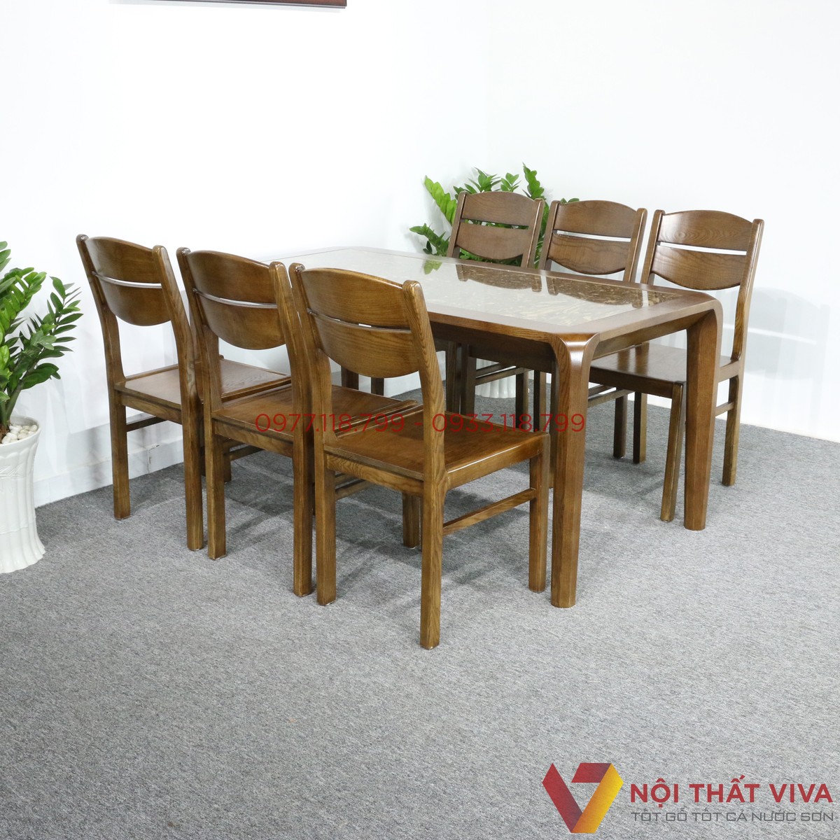 Bộ Bàn Ăn Gỗ Sồi Tự Nhiên Mặt Đá 6 Ghế Đẹp Hiện Đại