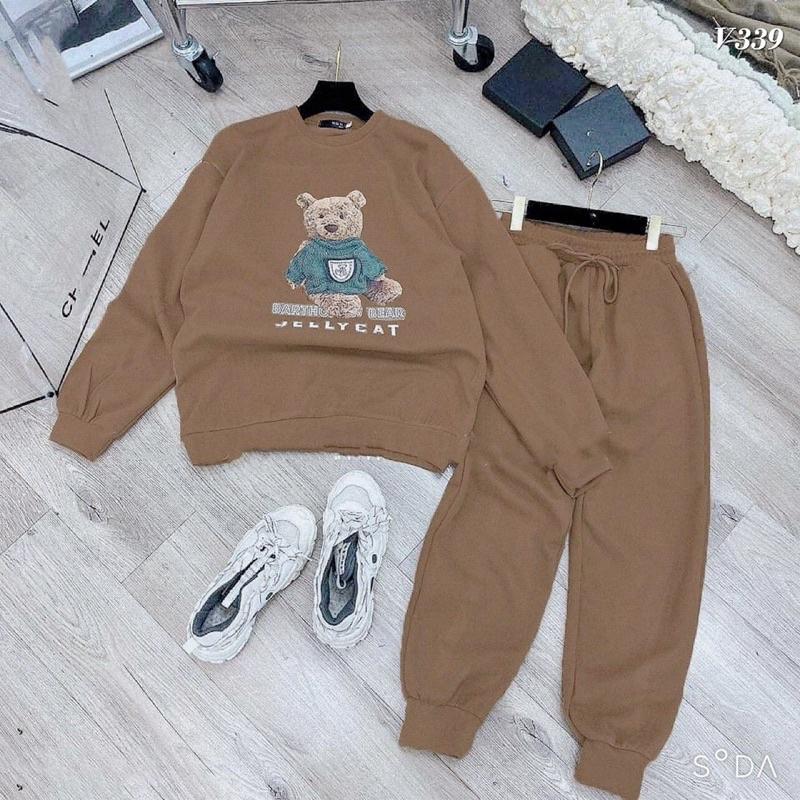 Set Đồ Nữ, Bộ Nỉ Nữ Dài Tay thu đông form rộng, áo nỉ gấu phối quần jogger phong cách thể thao, Hàn Quốc, BO014