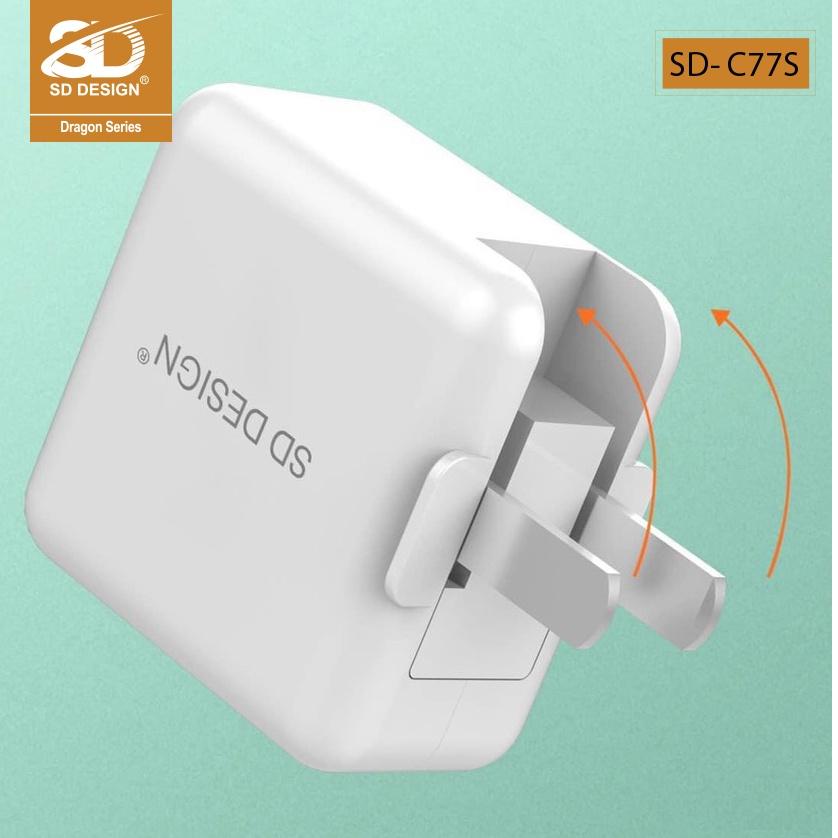 Bộ Củ Sạc C77s SD DESIGN hỗ trợ sạc nhanh sử dụng cho các thiết bị di động gập 90 độ dây dài 1m