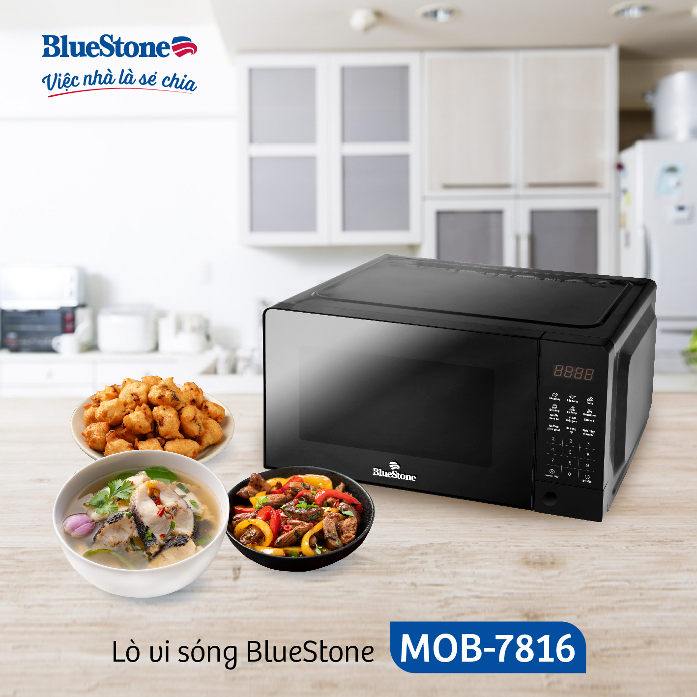 Lò Vi Sóng Điện Tử Có Nướng BlueStone MOB-7816, 1100W - 20Lit, 8 Chế Độ Nấu, Hàng Chính Hãng