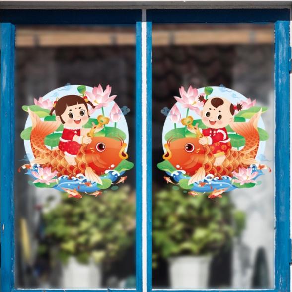 Decal hít tĩnh điện trang trí dán tết - BÉ TRAI BÉ GÁI CƯỠI CÁ CHÉP