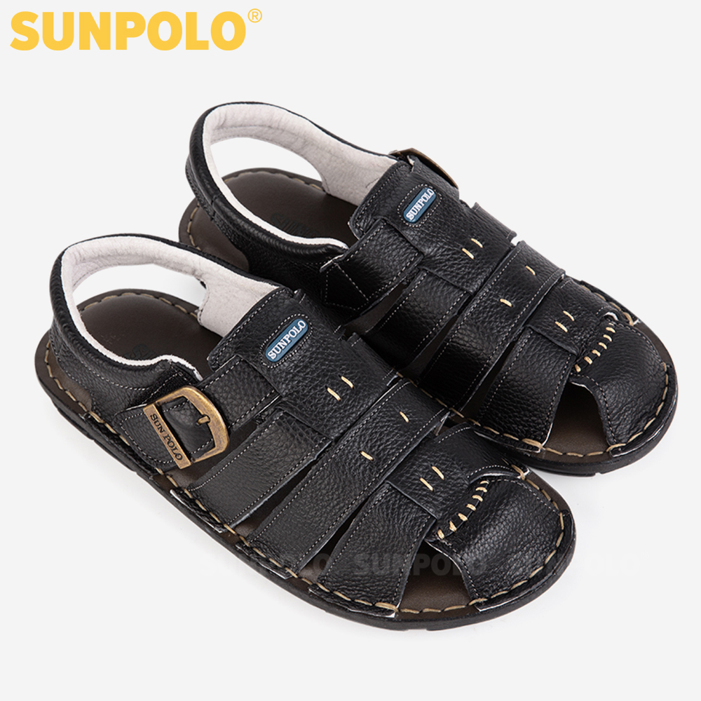 Sandal Bít Mũi Nam Da Bò Cao Cấp SUNPOLO SDA008 Thanh lịch (Đen)