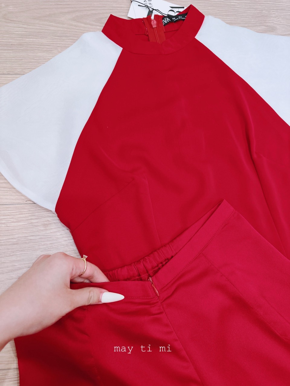 SET ÁO DÀI NỮ ĐỎ PHỐI TAY TƠ TRẮNG SETN699