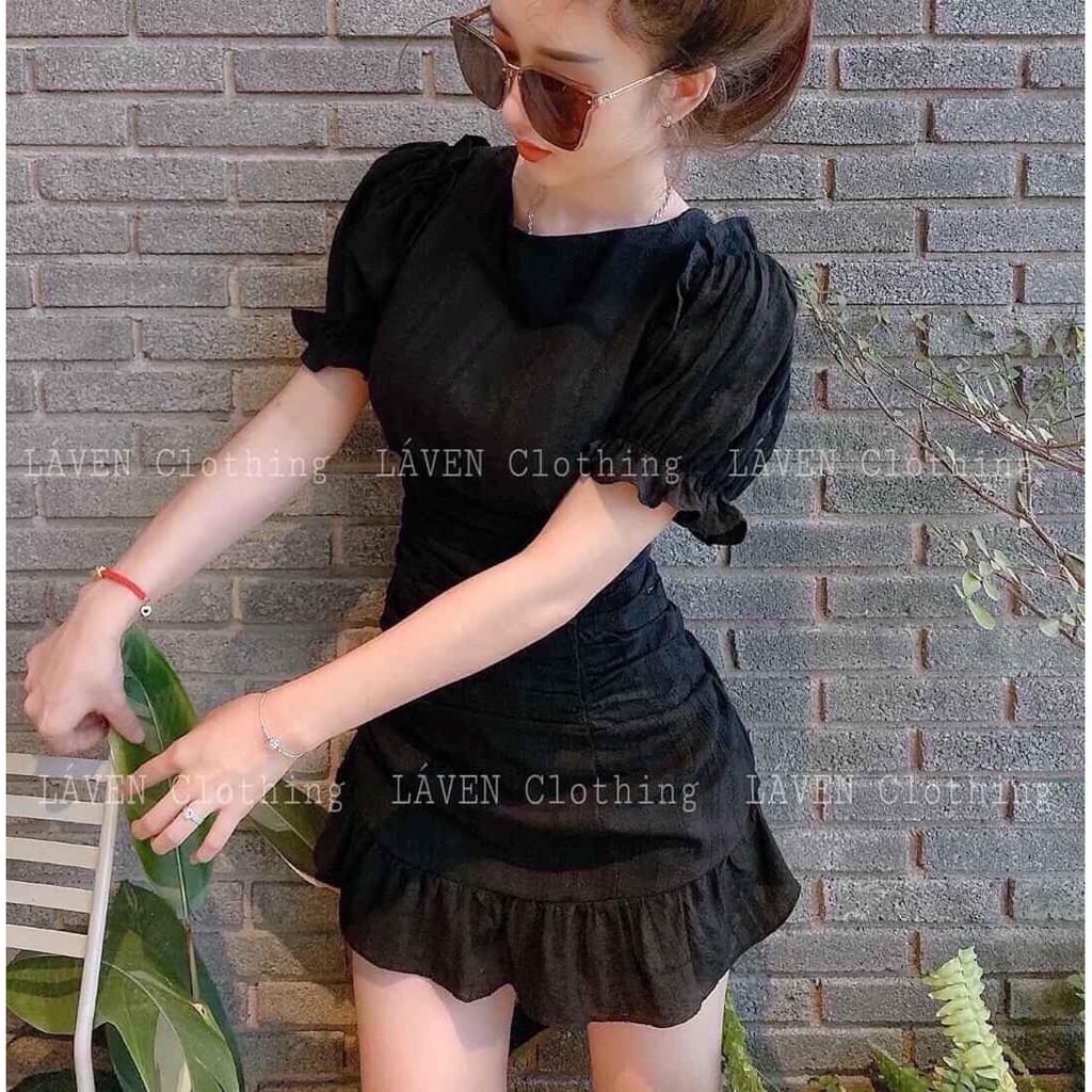 Đầm Body Nhún Eo Tay Phồng Chân Váy Bèo