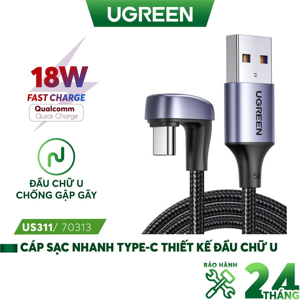 Cáp sạc nhanh Type-C UGREEN US311 Sạc nhanh 18W QC 3.0 - Đầu chữ U chống gập gãy - Hàng nhập khẩu chính hãng