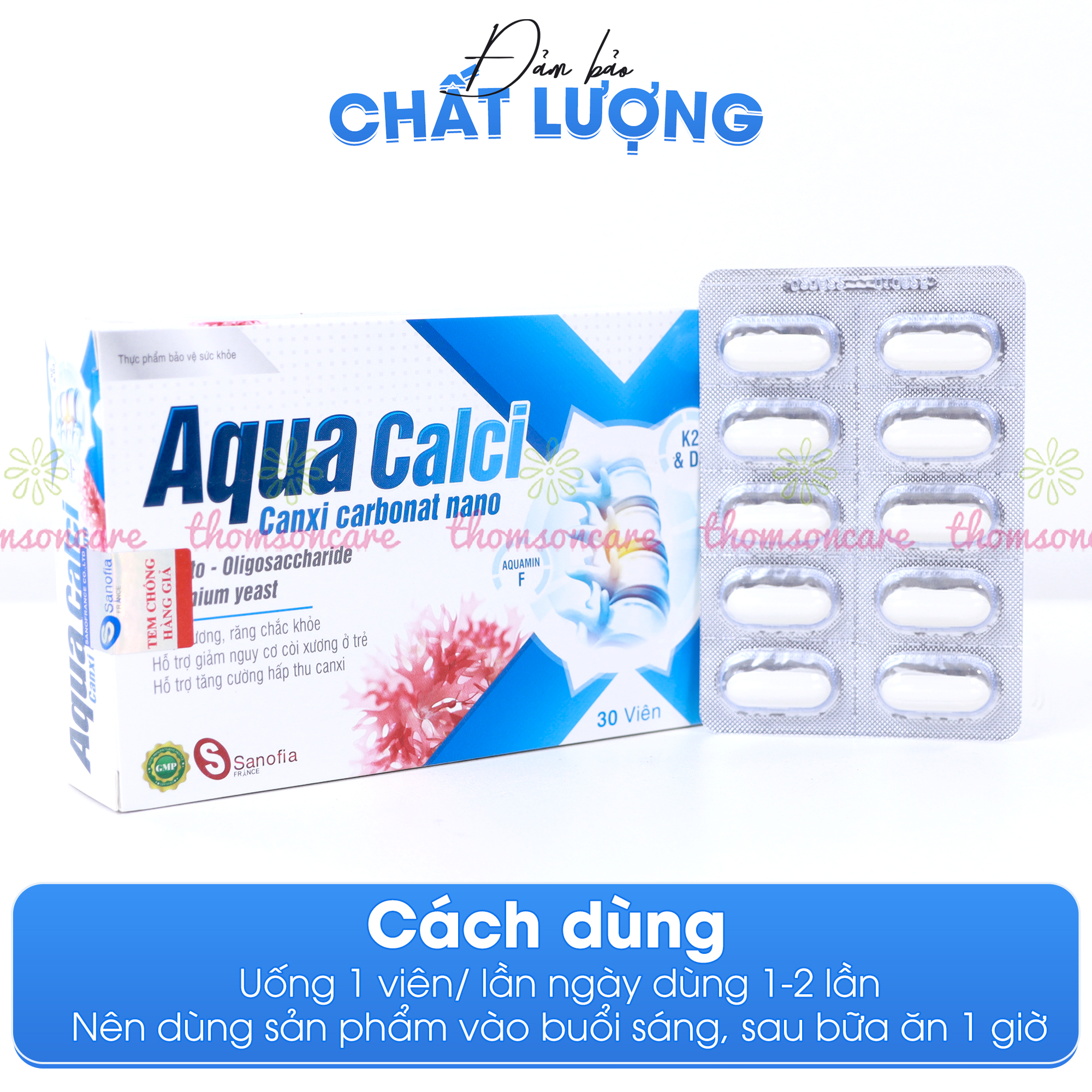 Canxi cho bé Aqua Calci Sanofia - Giúp bé phát triển chiều cao, giảm loãng xương ở người lớn từ Vitamin D3 K2 - Hộp 30 viên dạng vỉ