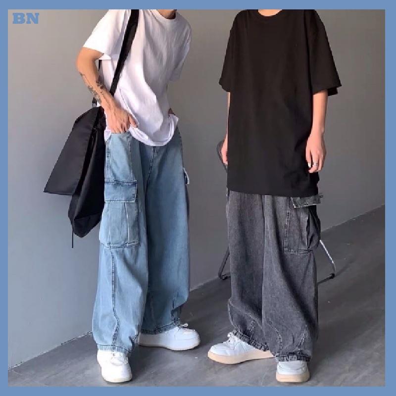 Quần JEAN baggy nam nữ unisex TÚI HỘP màu XANH - XÁM Nam nữ unisex Quần baggy ống rộng NBJ001