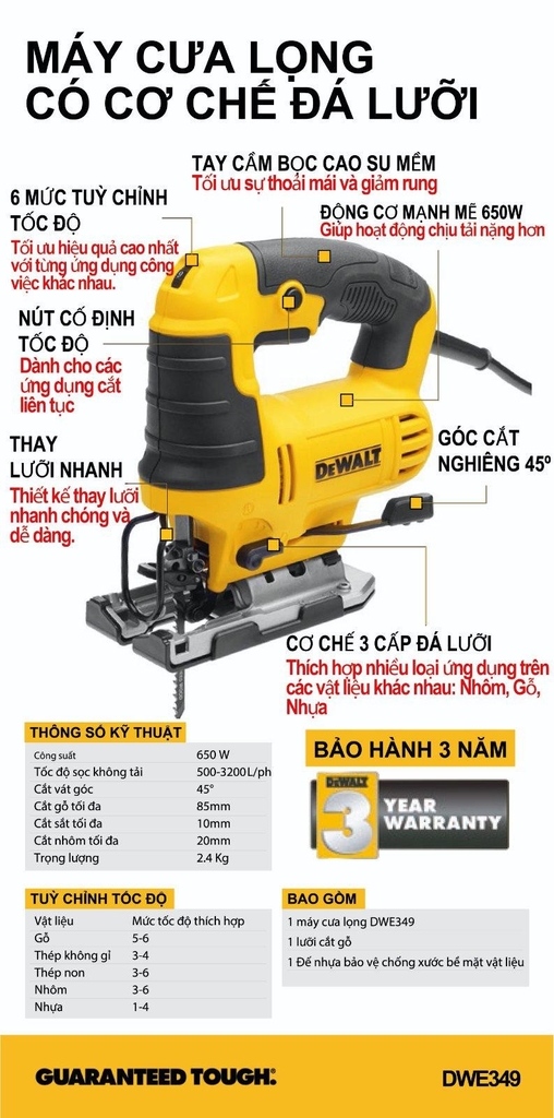 Máy Cưa Lọng DEWALT DWE349 Thế Hệ Mới ( Cải Tiến )- Chính Hãng