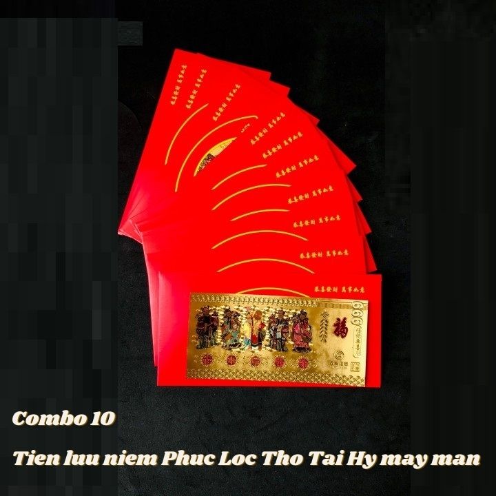 Combo 10 tờ lì xì Phúc Lộc Thọ Tài Hỷ màu vàng may mắn, chất liệu nhựa plastic, dùng để treo trong nhà, trên cây hoa mai, làm tiền lì xì, mừng tuổi, quà biếu tặng dịp Lễ Tết đầy may mắn và ý nghĩa - TMT Collection - SP005144