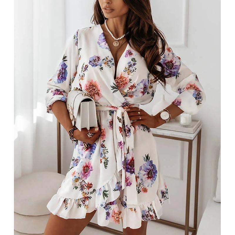 Mùa Thu Họa Tiết Hoa Dây Mini Người Phụ Nữ Cổ V Tay Dài Váy Đầm Cho Nữ 2021 Thanh Lịch Xù Casual Nữ Đảng áo