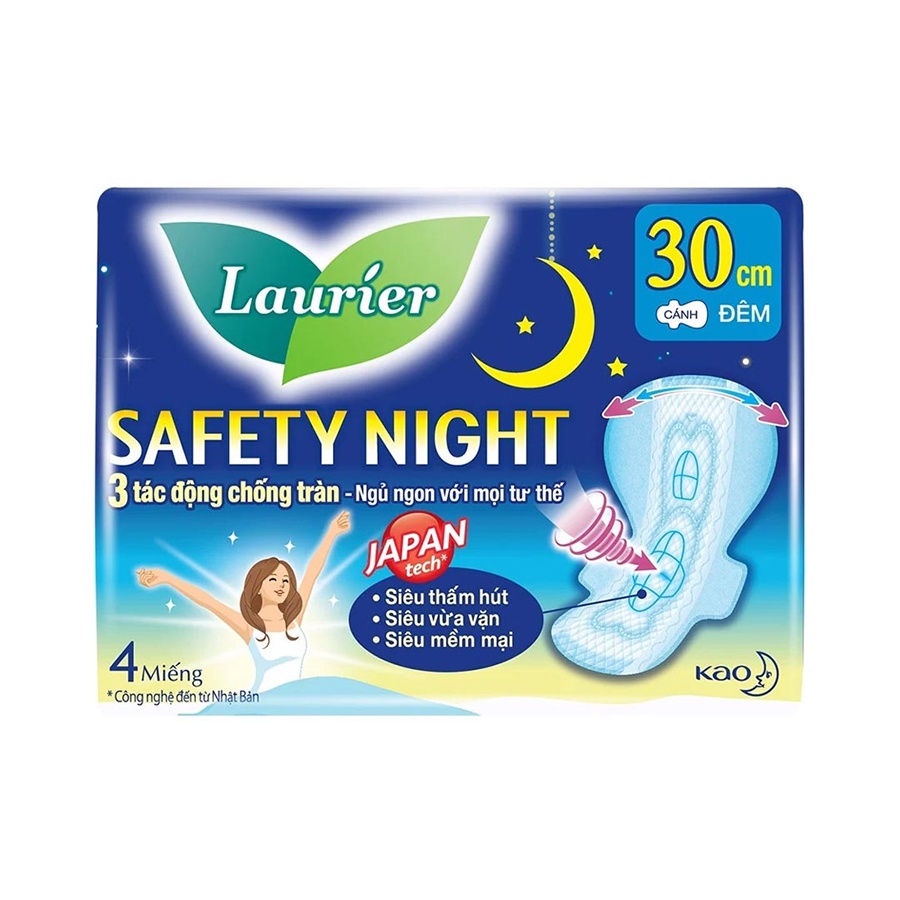 Combo 8 gói Băng vệ sinh Laurier Safety Night Đêm Siêu An Toàn 30 cm 4 miếng