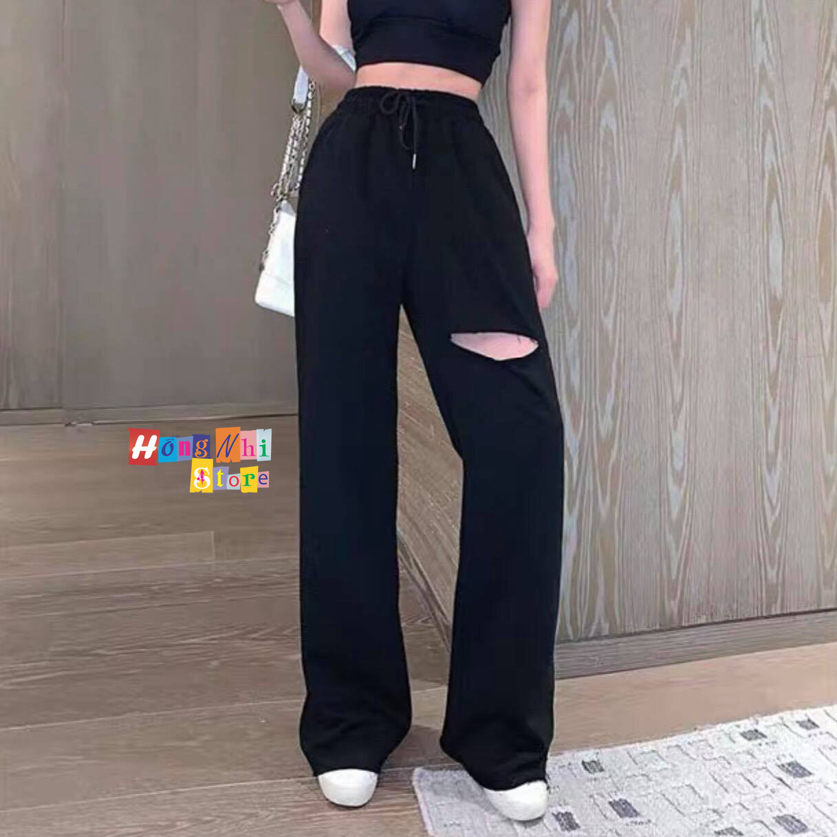 Quần Ống Rộng Rách Gối Màu Đen Lưng Thun Culottes Ulzzang Unisex - MM