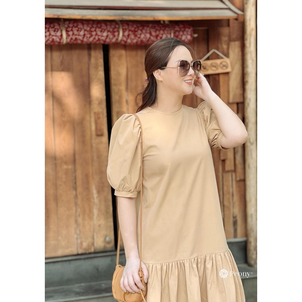 Váy A suông thoải mái, vai bồng rút tiểu thư, cổ tròn, tông be siêu nịnh da, kèm đai rời Peony - LAURIEL DRESS