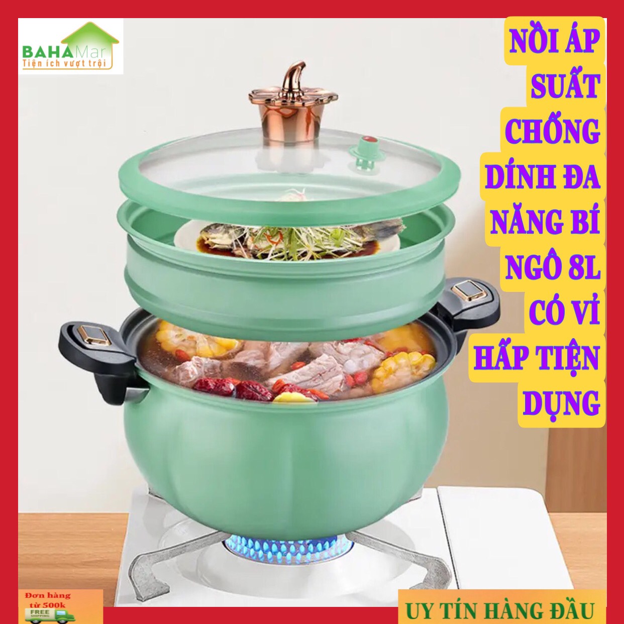 NỒI ÁP SUẤT CHỐNG DÍNH ĐA NĂNG BÍ NGÔ DUNG TÍCH 8L CÓ VỈ HẤP TIỆN DỤNG "BAHAMAR" giữ nguyên chất dinh dưỡng và làm cho chế độ ăn uống của bạn lành mạnh hơn