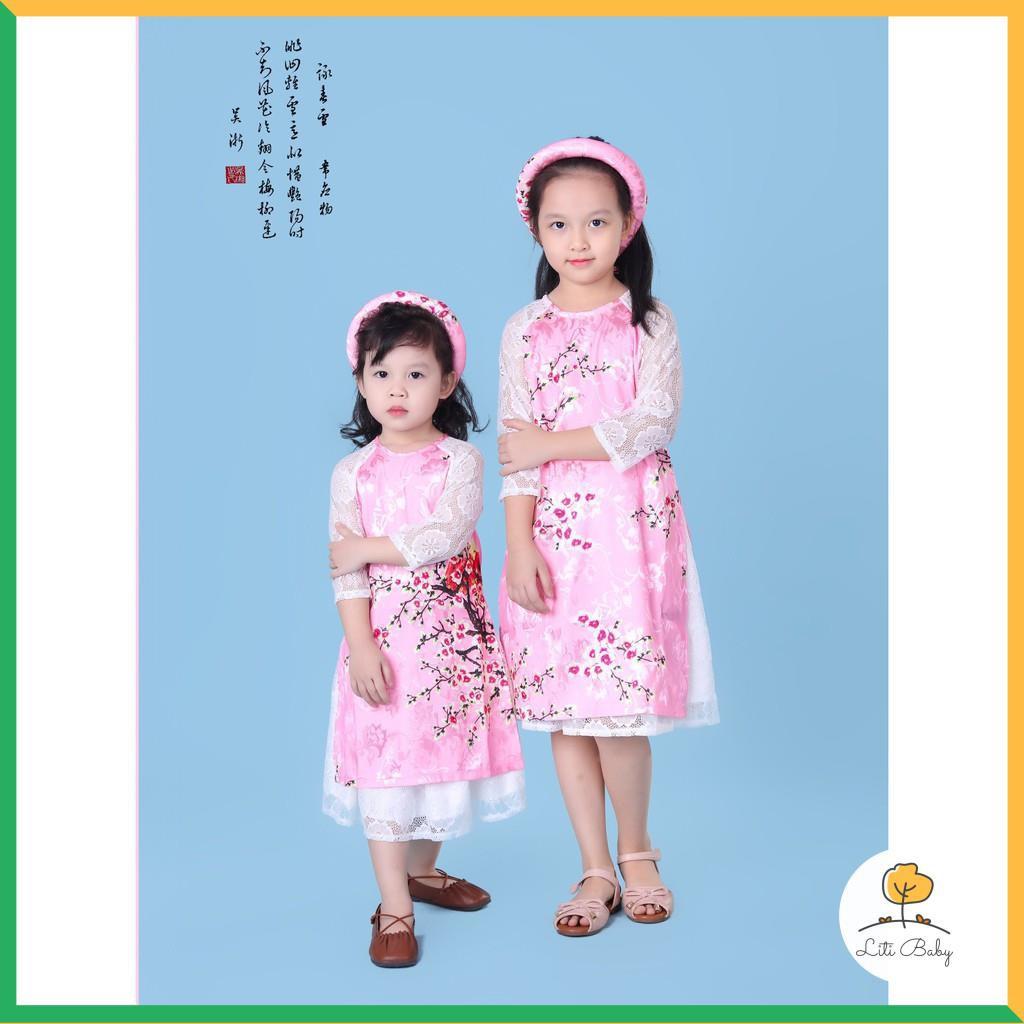 Áo dài cách tân Tết in hình hoa mai, quạt gấm phối tay ren, chân váy hai lớp lụa, ren bé gái size 1-10T, cho bạn 10-32kg