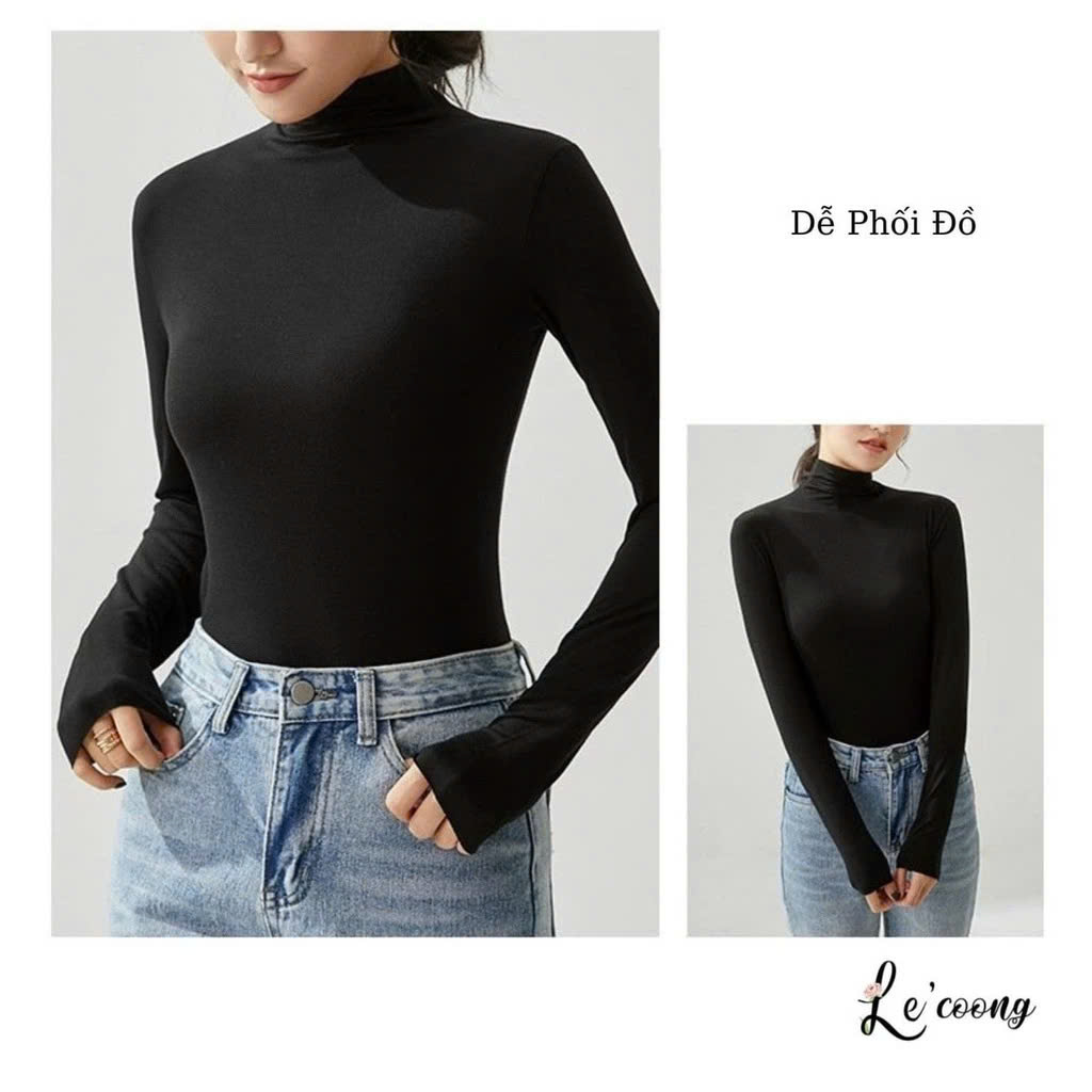 Áo thun giữ nhiệt nữ tay dài cổ cao 3 phân vải premium cotton mềm mịn ôm dáng MÀU ĐEN Văn Phòng Du Lịch Dã Ngoại Phượt