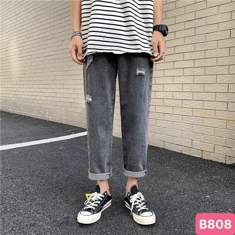 Quần jean nam trơn rách gối màu đen chất jeans bò cao cấp co dãn 4 chiều from baggy dáng rộng ống suông mới đẹp HA mới